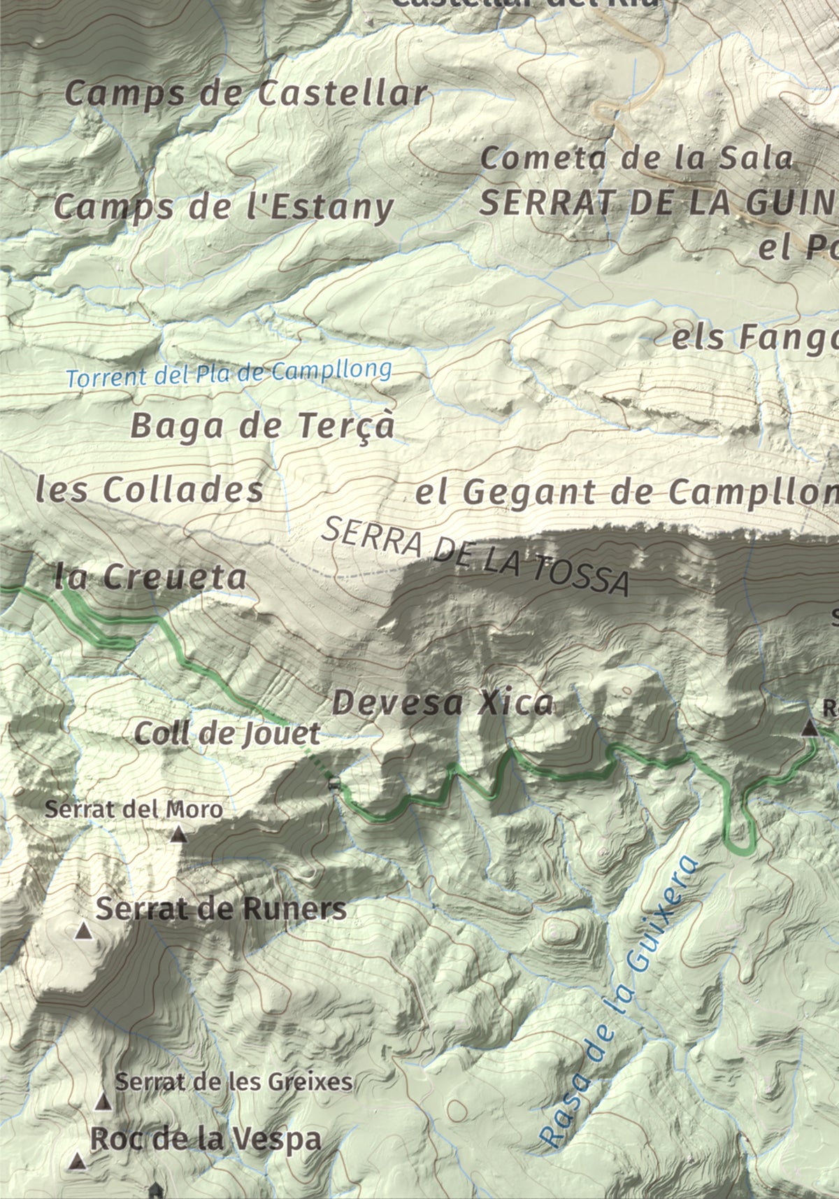 Mapa de relieve de Cogulló d'Estela, 1870 m, Berguedà, lámina 100 Cims de Trobart. Detalle de la zona inferior izquierda. 21 × 30 cm.