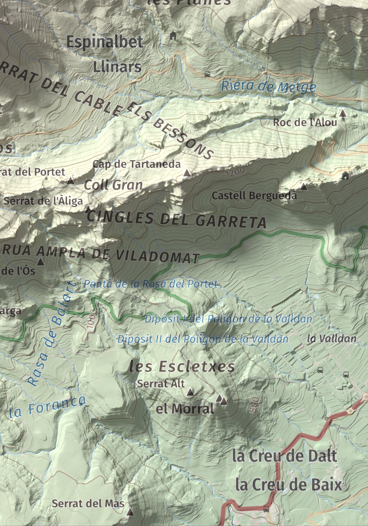 Mapa de relieve de Cogulló d'Estela, 1870 m, Berguedà, lámina 100 Cims de Trobart. Detalle de la zona inferior derecha. 21 × 30 cm.