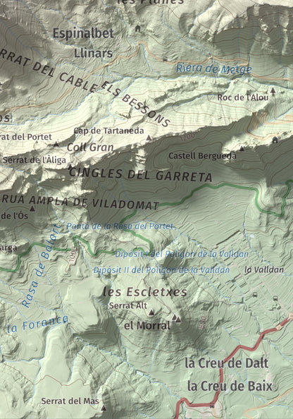 Mapa de relieve de Cogulló d'Estela, 1870 m, Berguedà, lámina 100 Cims de Trobart. Detalle de la zona inferior derecha. 21 × 30 cm.