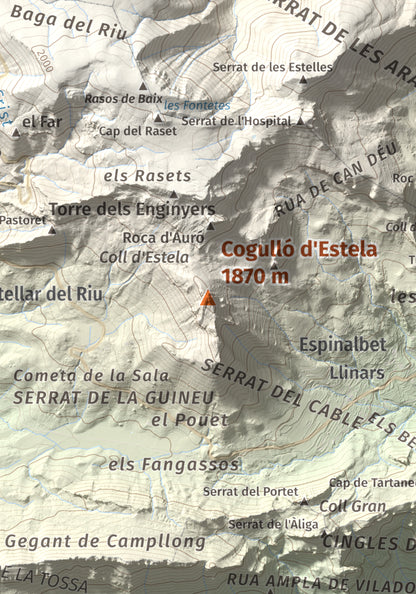 Mapa de relieve de Cogulló d'Estela, 1870 m, Berguedà, lámina 100 Cims de Trobart. Detalle de la zona central. 21 × 30 cm.