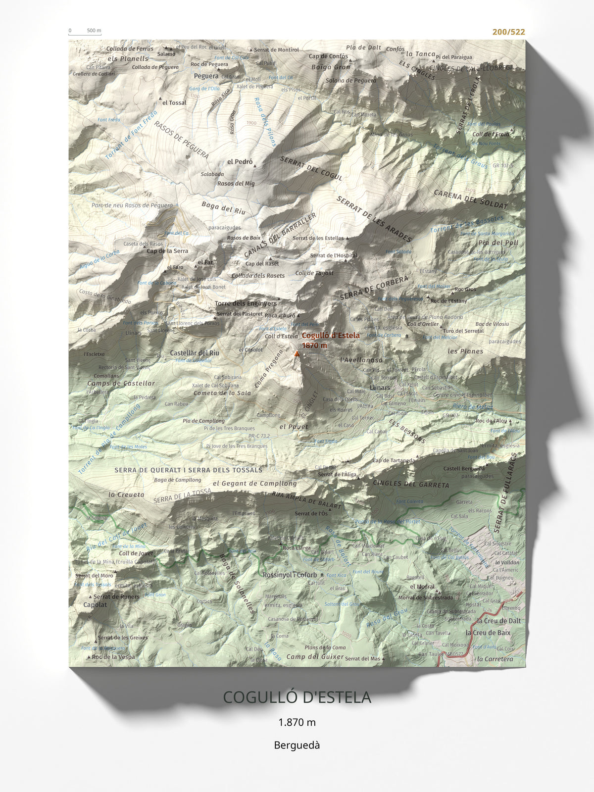Mapa de relieve de Cogulló d'Estela, 1870 m, Berguedà, lámina 100 Cims de Trobart 30 × 40 cm.