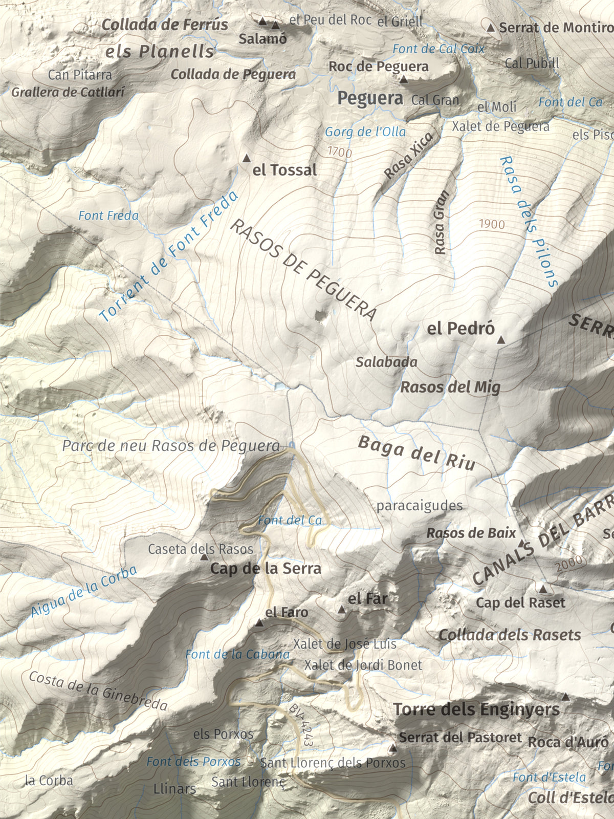 Mapa de relieve de Cogulló d'Estela, 1870 m, Berguedà, lámina 100 Cims de Trobart. Detalle de la zona superior izquierda. 30 × 40 cm.