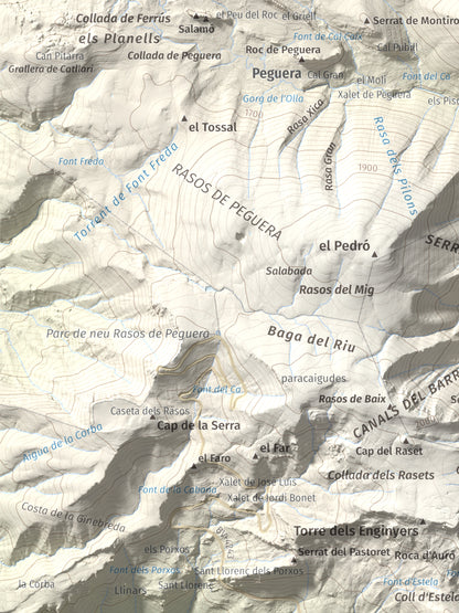 Mapa de relieve de Cogulló d'Estela, 1870 m, Berguedà, lámina 100 Cims de Trobart. Detalle de la zona superior izquierda. 30 × 40 cm.
