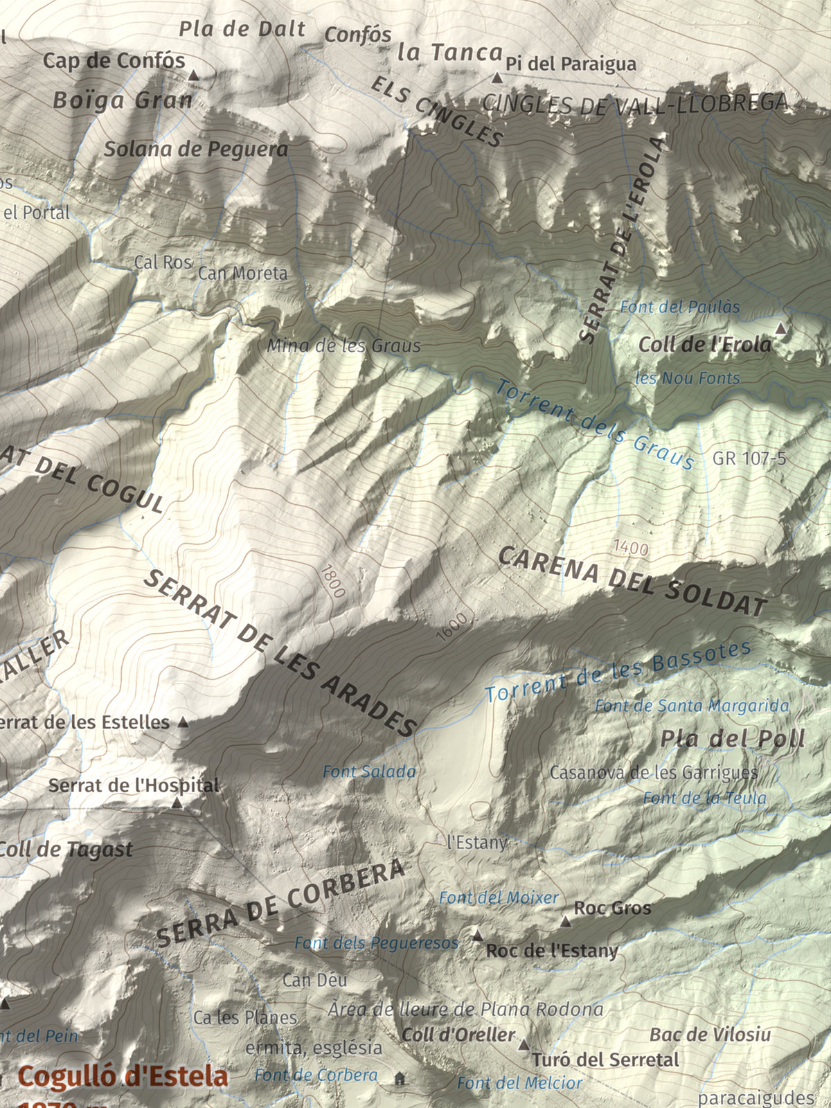 Mapa de relieve de Cogulló d'Estela, 1870 m, Berguedà, lámina 100 Cims de Trobart. Detalle de la zona superior derecha. 30 × 40 cm.