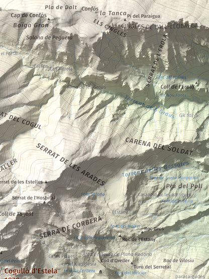 Mapa de relieve de Cogulló d'Estela, 1870 m, Berguedà, lámina 100 Cims de Trobart. Detalle de la zona superior derecha. 30 × 40 cm.