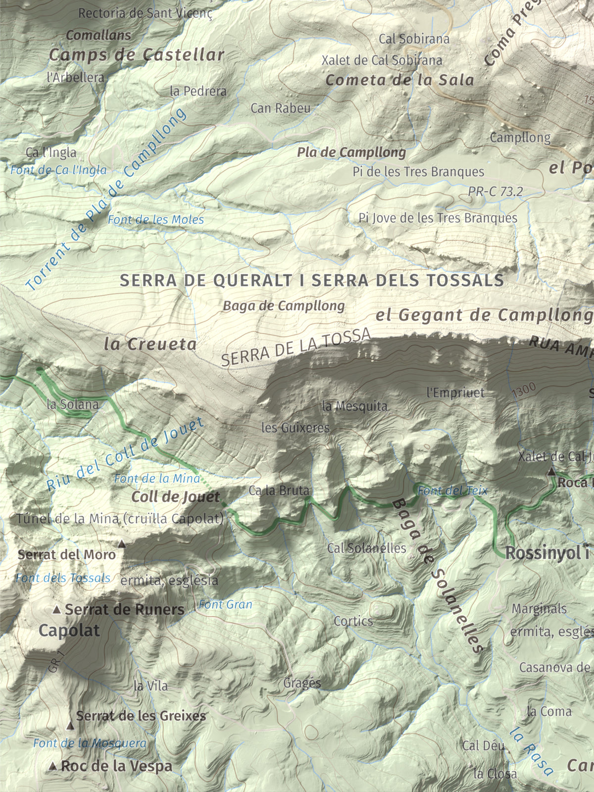 Mapa de relieve de Cogulló d'Estela, 1870 m, Berguedà, lámina 100 Cims de Trobart. Detalle de la zona inferior izquierda. 30 × 40 cm.