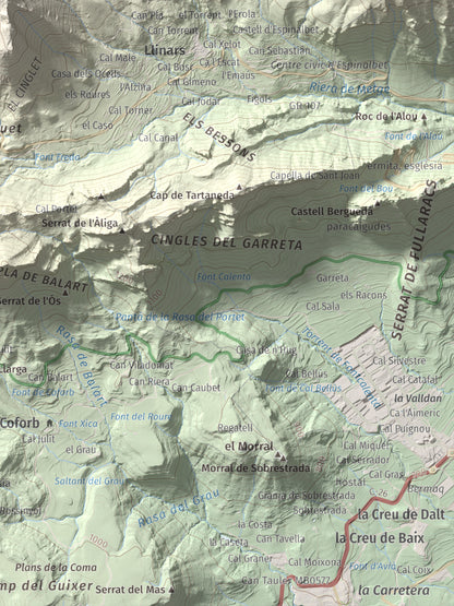 Mapa de relieve de Cogulló d'Estela, 1870 m, Berguedà, lámina 100 Cims de Trobart. Detalle de la zona inferior derecha. 30 × 40 cm.
