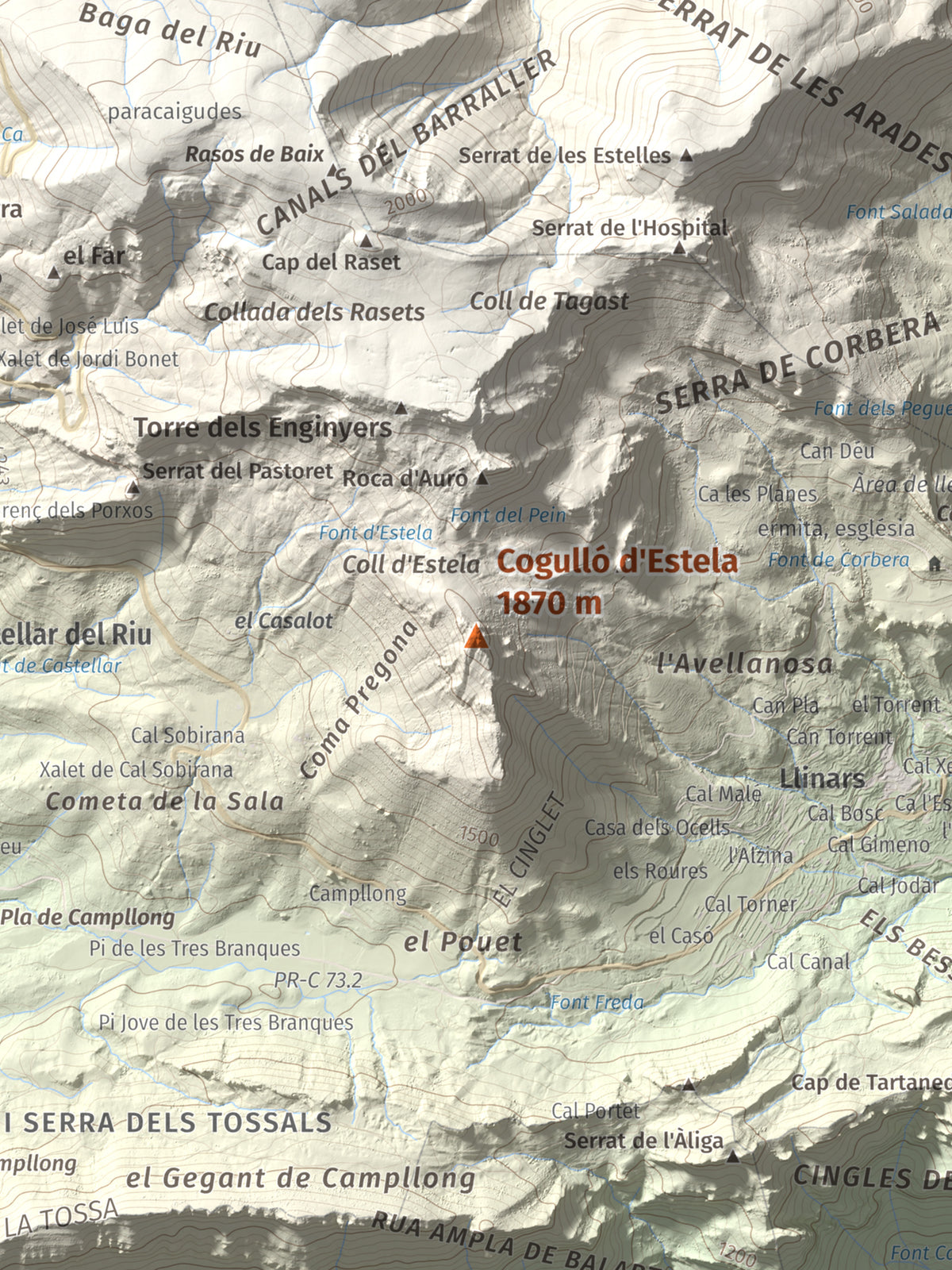 Mapa de relieve de Cogulló d'Estela, 1870 m, Berguedà, lámina 100 Cims de Trobart. Detalle de la zona central. 30 × 40 cm.