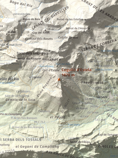 Mapa de relieve de Cogulló d'Estela, 1870 m, Berguedà, lámina 100 Cims de Trobart. Detalle de la zona central. 30 × 40 cm.