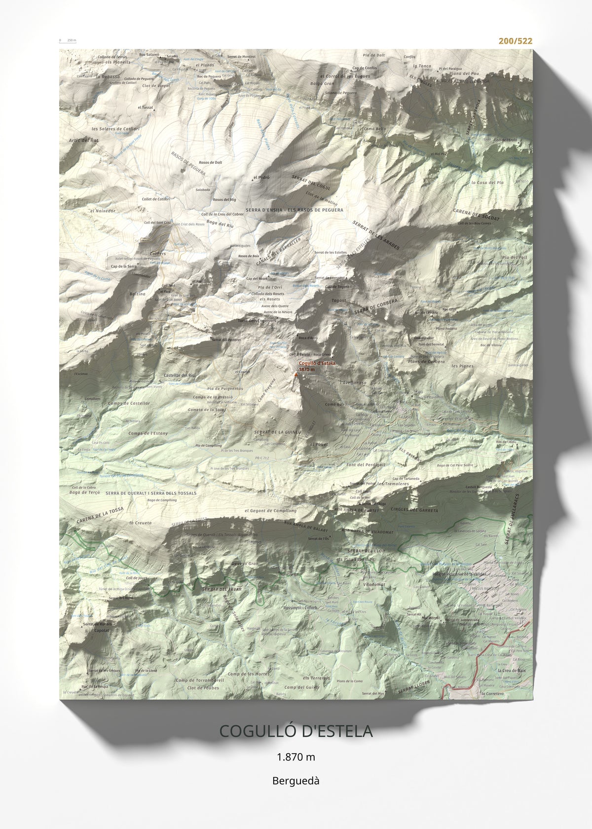 Mapa de relieve de Cogulló d'Estela, 1870 m, Berguedà, lámina 100 Cims de Trobart 50 × 70 cm.