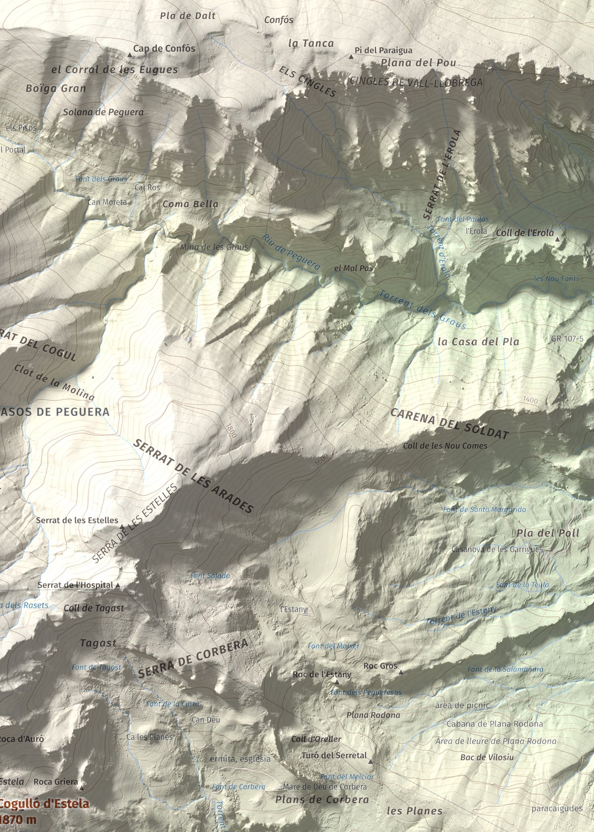 Mapa de relieve de Cogulló d'Estela, 1870 m, Berguedà, lámina 100 Cims de Trobart. Detalle de la zona superior derecha. 50 × 70 cm.