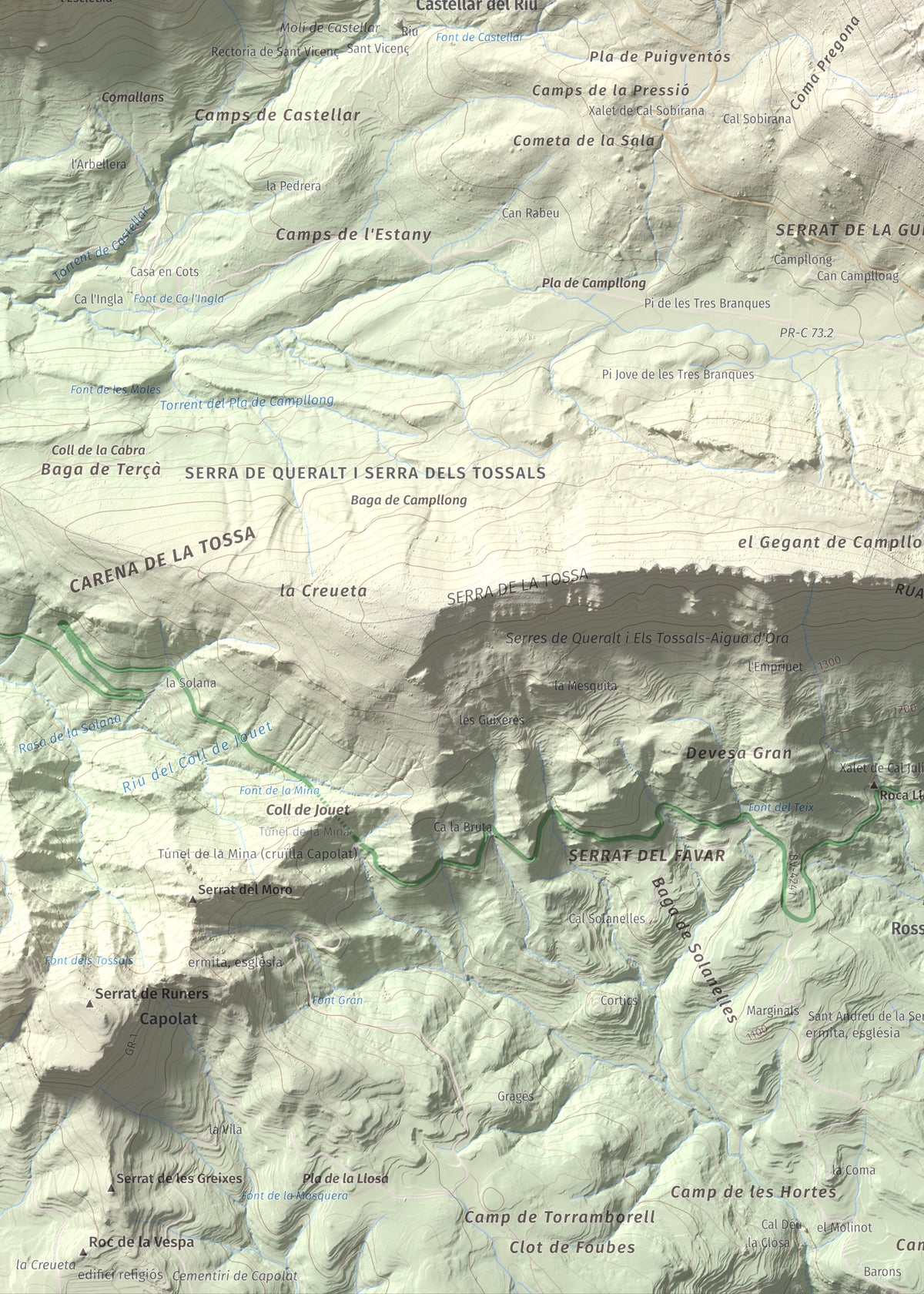 Mapa de relieve de Cogulló d'Estela, 1870 m, Berguedà, lámina 100 Cims de Trobart. Detalle de la zona inferior izquierda. 50 × 70 cm.