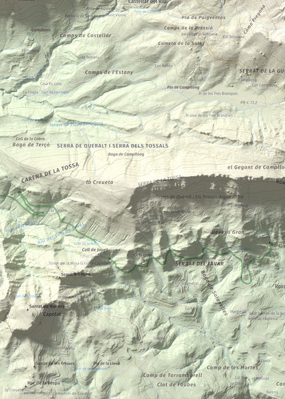 Mapa de relieve de Cogulló d'Estela, 1870 m, Berguedà, lámina 100 Cims de Trobart. Detalle de la zona inferior izquierda. 50 × 70 cm.