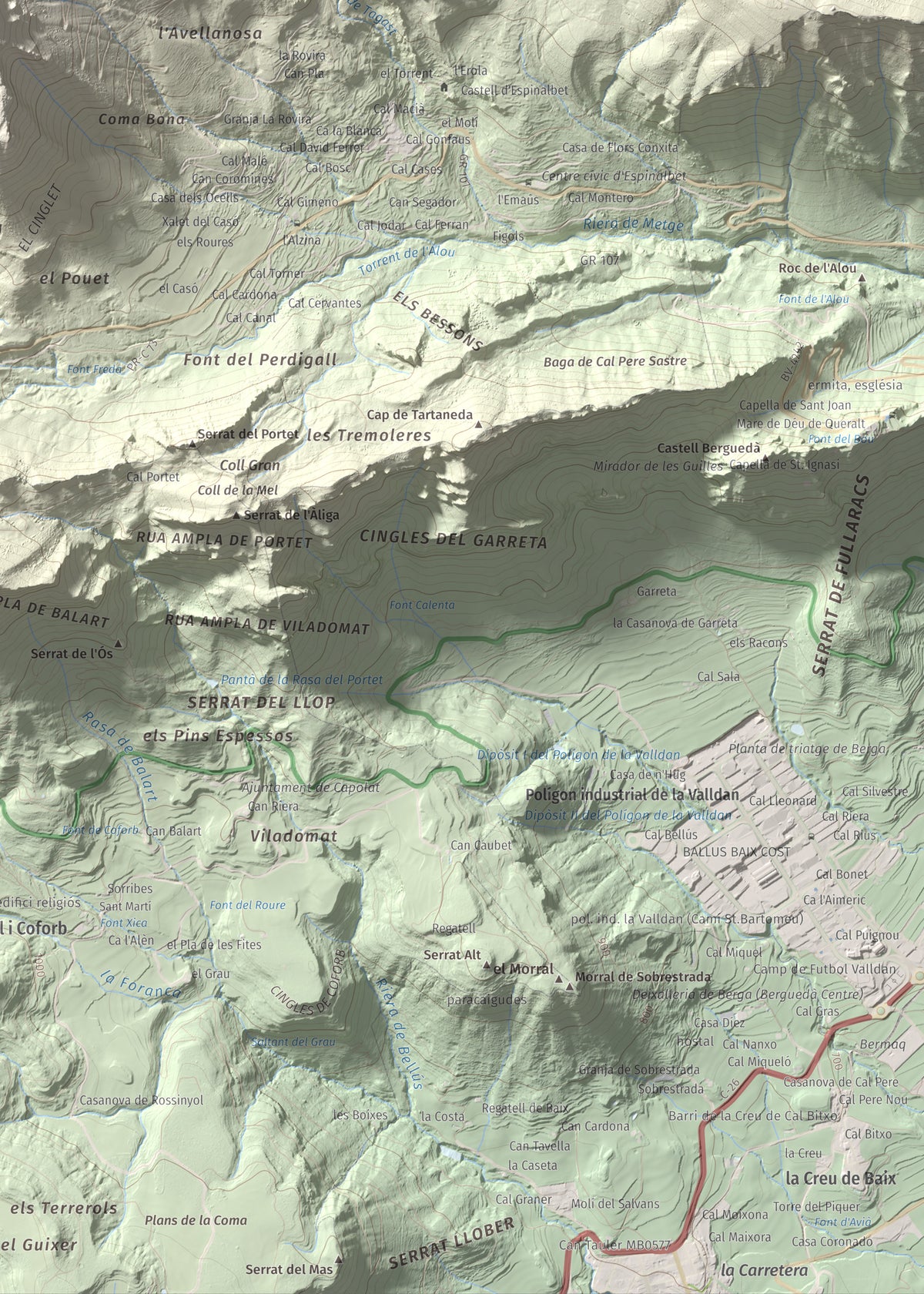 Mapa de relieve de Cogulló d'Estela, 1870 m, Berguedà, lámina 100 Cims de Trobart. Detalle de la zona inferior derecha. 50 × 70 cm.