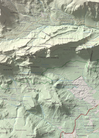 Mapa de relieve de Cogulló d'Estela, 1870 m, Berguedà, lámina 100 Cims de Trobart. Detalle de la zona inferior derecha. 50 × 70 cm.