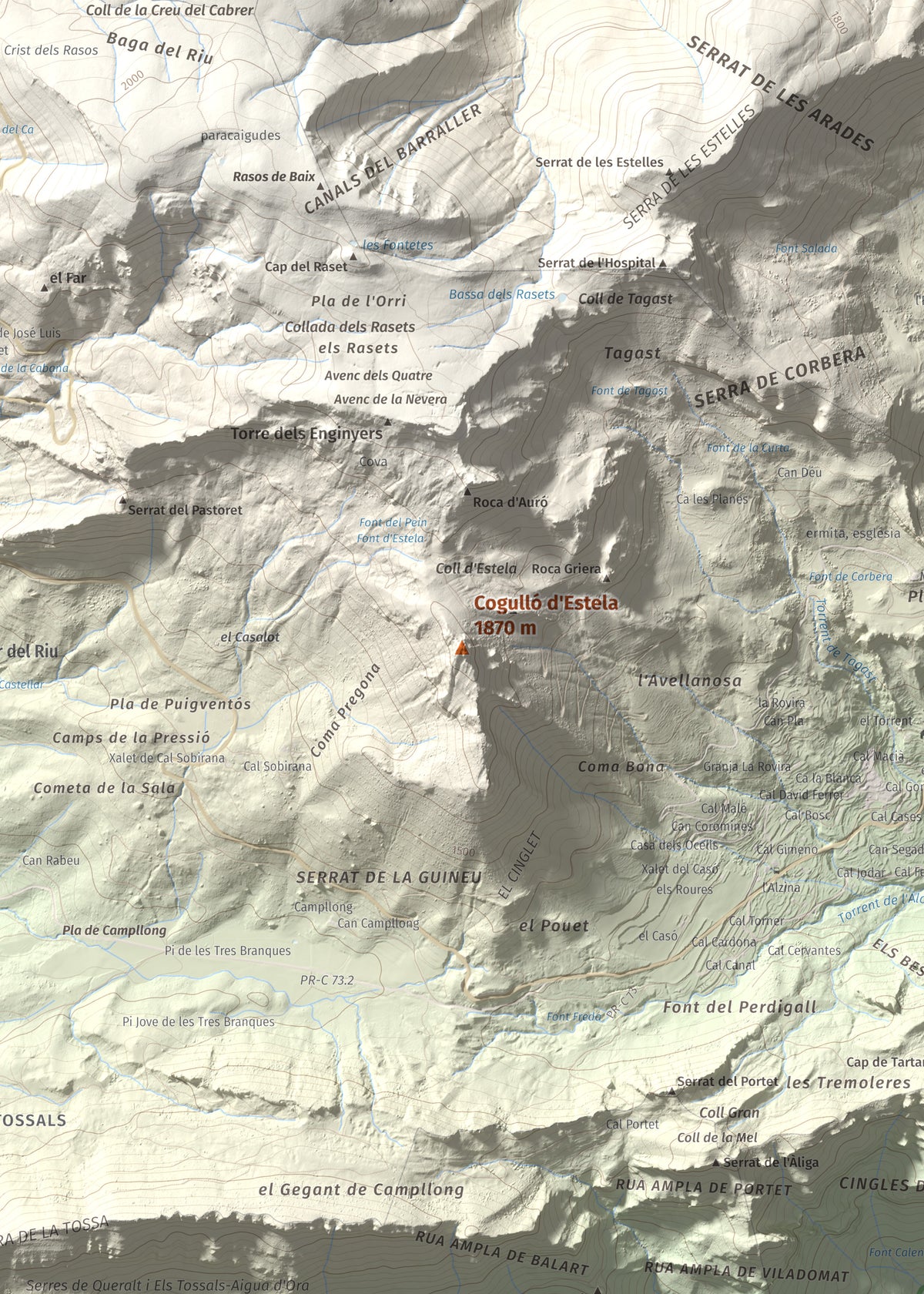 Mapa de relieve de Cogulló d'Estela, 1870 m, Berguedà, lámina 100 Cims de Trobart. Detalle de la zona central. 50 × 70 cm.