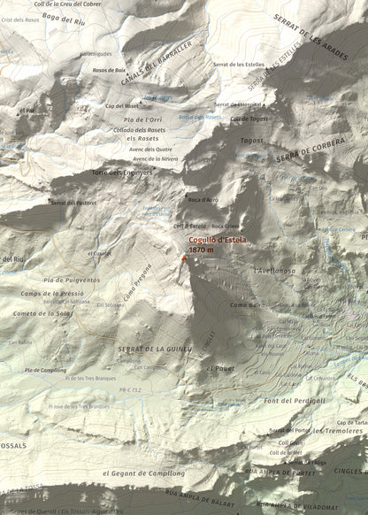 Mapa de relieve de Cogulló d'Estela, 1870 m, Berguedà, lámina 100 Cims de Trobart. Detalle de la zona central. 50 × 70 cm.