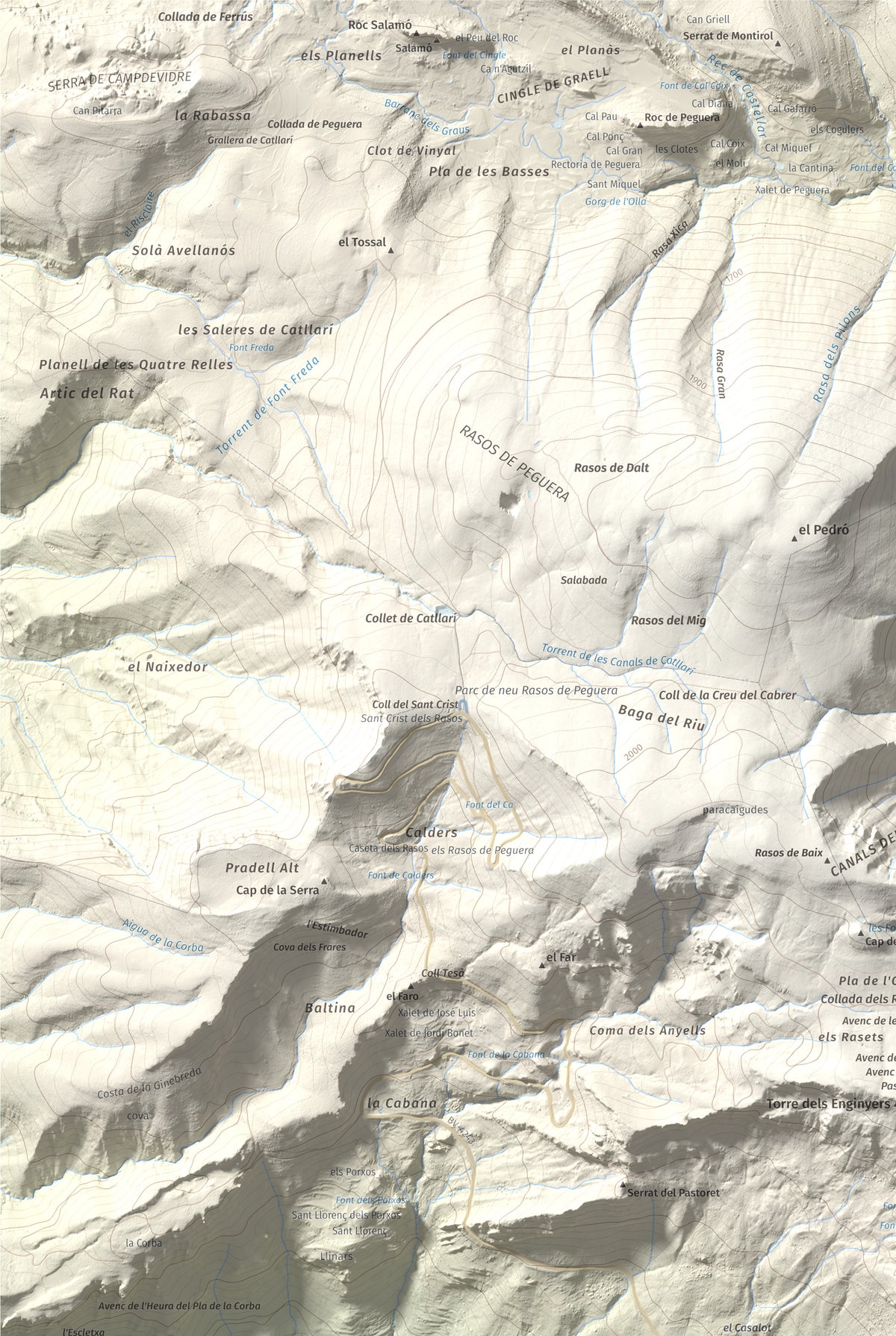 Mapa de relieve de Cogulló d'Estela, 1870 m, Berguedà, lámina 100 Cims de Trobart. Detalle de la zona superior izquierda. 61 × 91 cm.