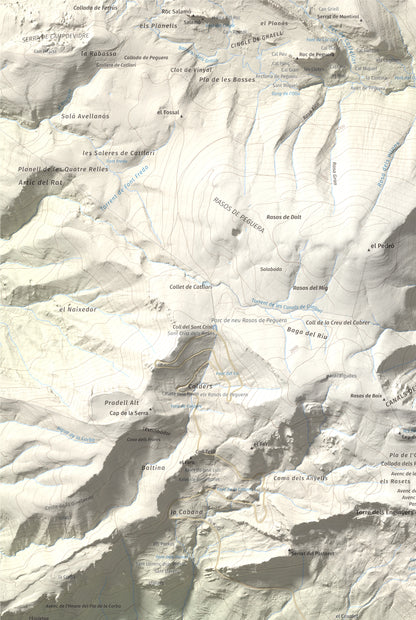 Mapa de relieve de Cogulló d'Estela, 1870 m, Berguedà, lámina 100 Cims de Trobart. Detalle de la zona superior izquierda. 61 × 91 cm.