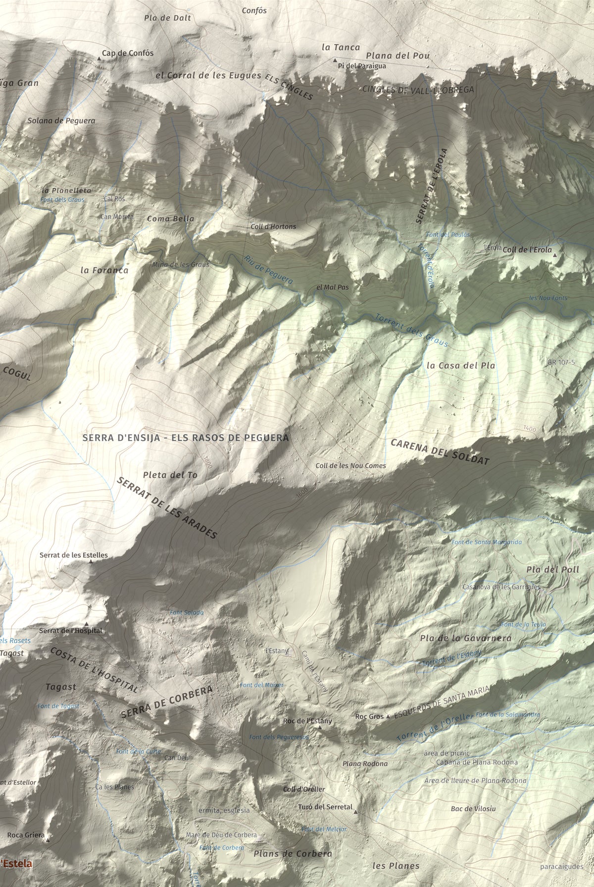 Mapa de relieve de Cogulló d'Estela, 1870 m, Berguedà, lámina 100 Cims de Trobart. Detalle de la zona superior derecha. 61 × 91 cm.