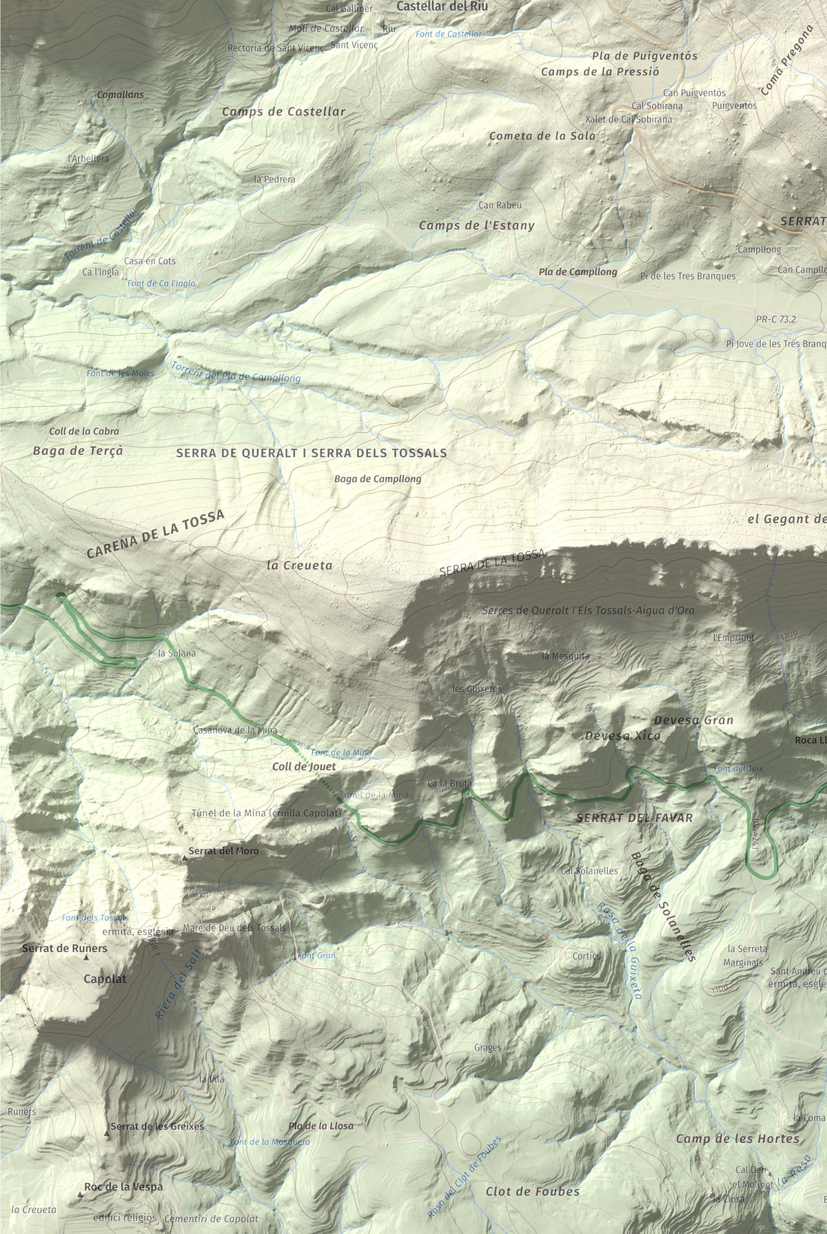 Mapa de relieve de Cogulló d'Estela, 1870 m, Berguedà, lámina 100 Cims de Trobart. Detalle de la zona inferior izquierda. 61 × 91 cm.
