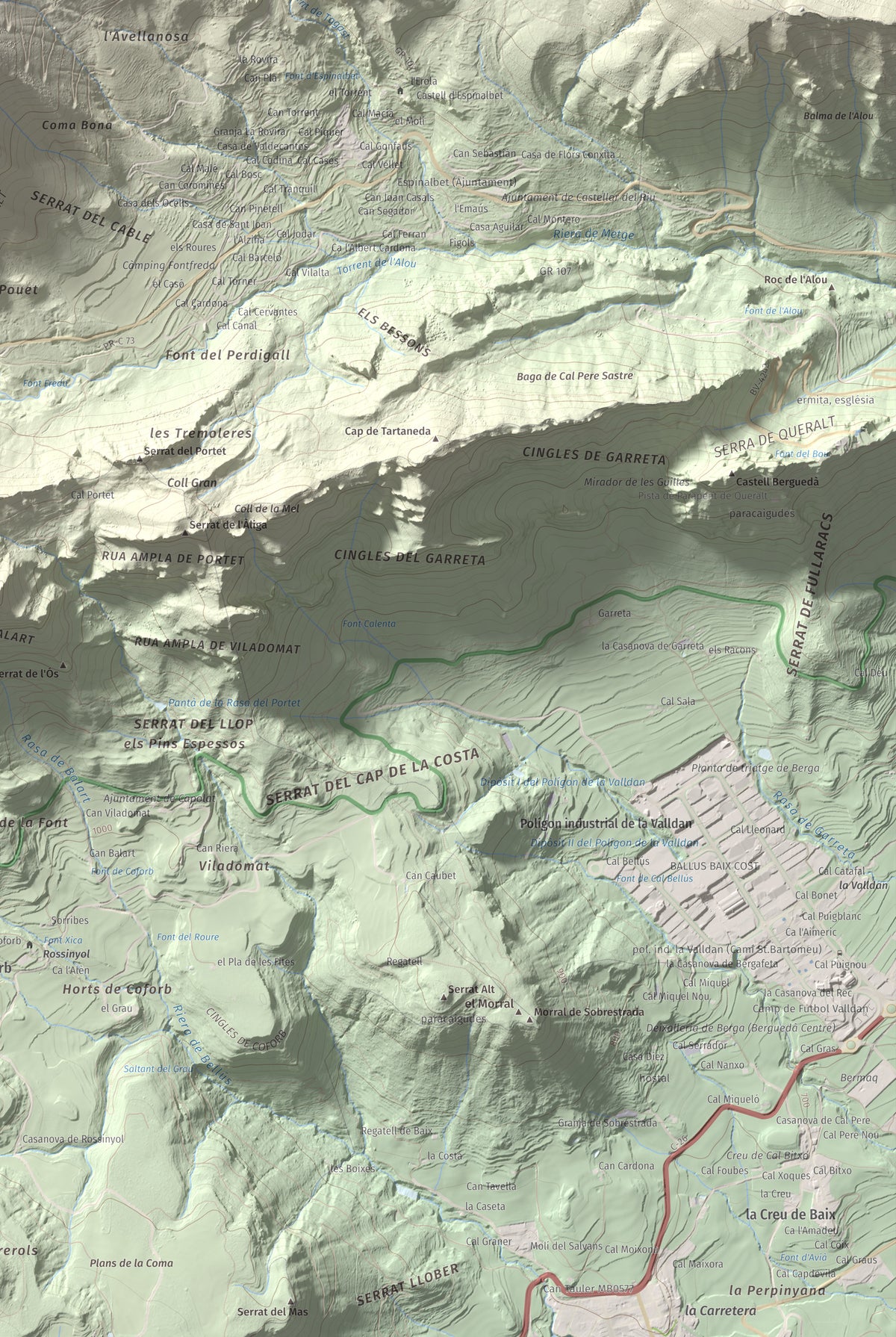 Mapa de relieve de Cogulló d'Estela, 1870 m, Berguedà, lámina 100 Cims de Trobart. Detalle de la zona inferior derecha. 61 × 91 cm.