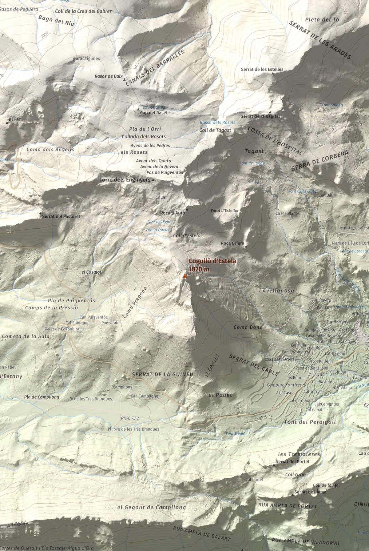 Mapa de relieve de Cogulló d'Estela, 1870 m, Berguedà, lámina 100 Cims de Trobart. Detalle de la zona central. 61 × 91 cm.