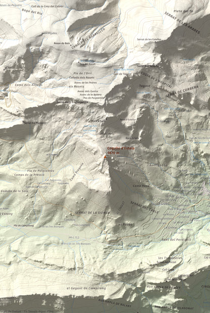 Mapa de relieve de Cogulló d'Estela, 1870 m, Berguedà, lámina 100 Cims de Trobart. Detalle de la zona central. 61 × 91 cm.