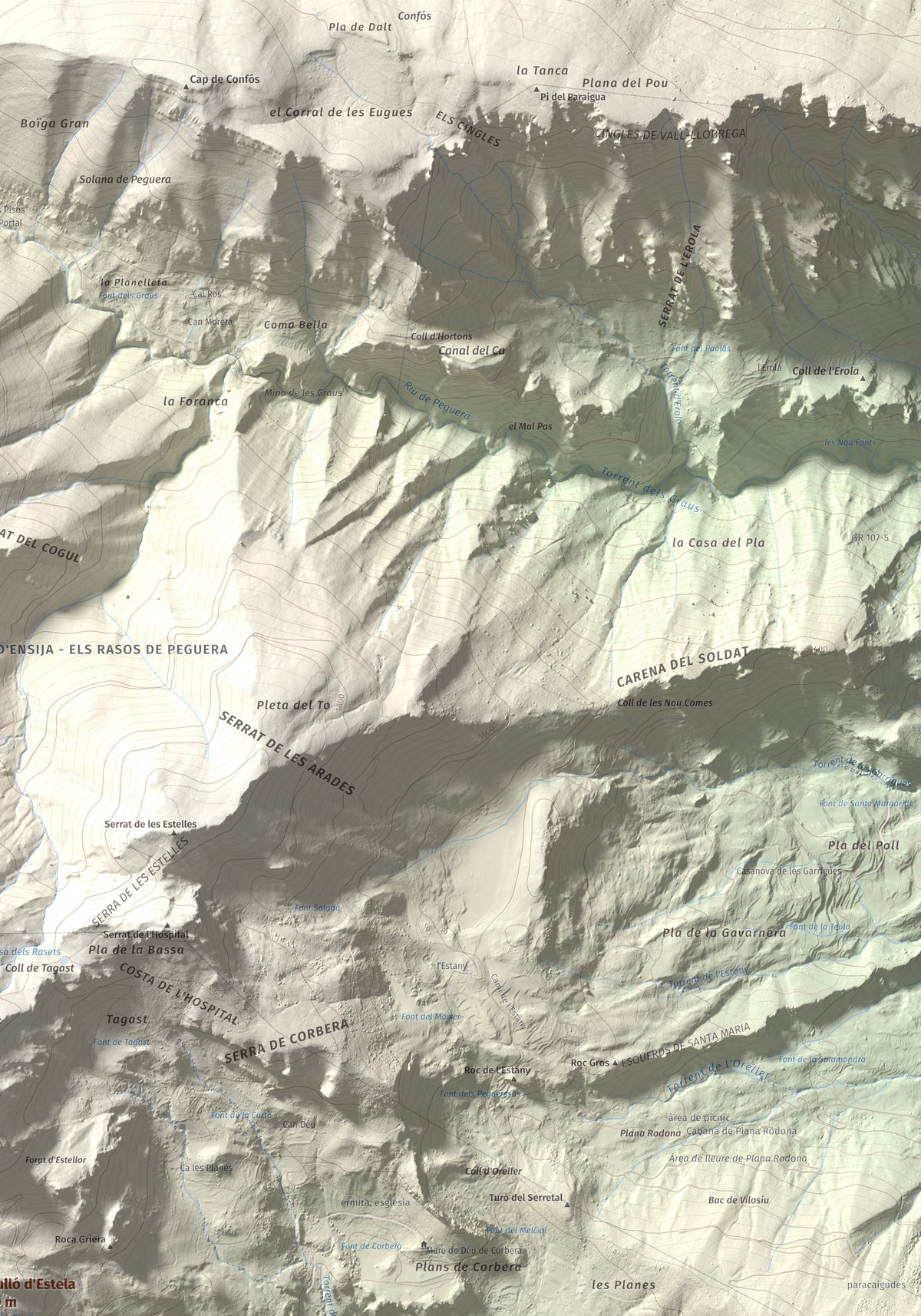Mapa de relieve de Cogulló d'Estela, 1870 m, Berguedà, lámina 100 Cims de Trobart. Detalle de la zona superior derecha. 70 × 100 cm.