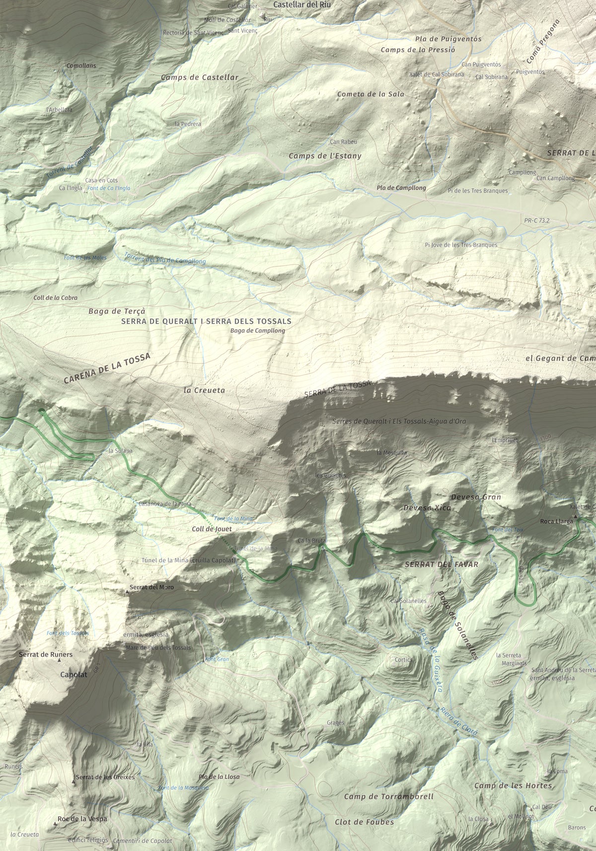 Mapa de relieve de Cogulló d'Estela, 1870 m, Berguedà, lámina 100 Cims de Trobart. Detalle de la zona inferior izquierda. 70 × 100 cm.