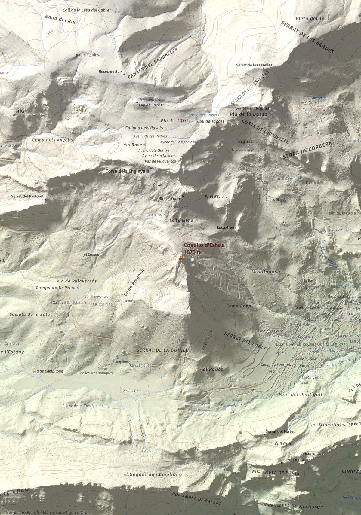 Mapa de relieve de Cogulló d'Estela, 1870 m, Berguedà, lámina 100 Cims de Trobart. Detalle de la zona central. 70 × 100 cm.