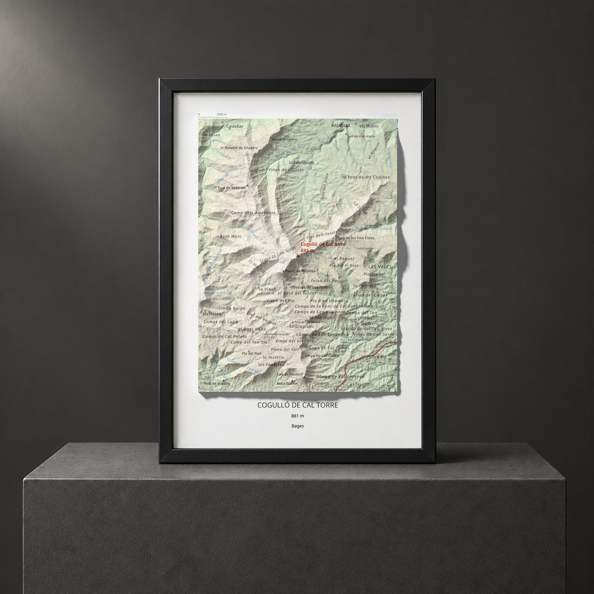 Mapa de relieve de Cogulló de Cal Torre, 881 m, Bages, lámina 100 Cims de Trobart. Presentación enmarcada. 21 × 30 cm.
