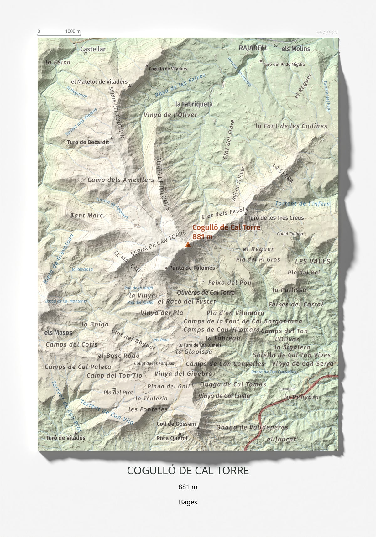 Mapa de relieve de Cogulló de Cal Torre, 881 m, Bages, lámina 100 Cims de Trobart 21 × 30 cm.