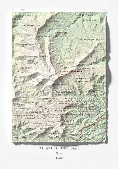 Mapa de relieve de Cogulló de Cal Torre, 881 m, Bages, lámina 100 Cims de Trobart 21 × 30 cm.
