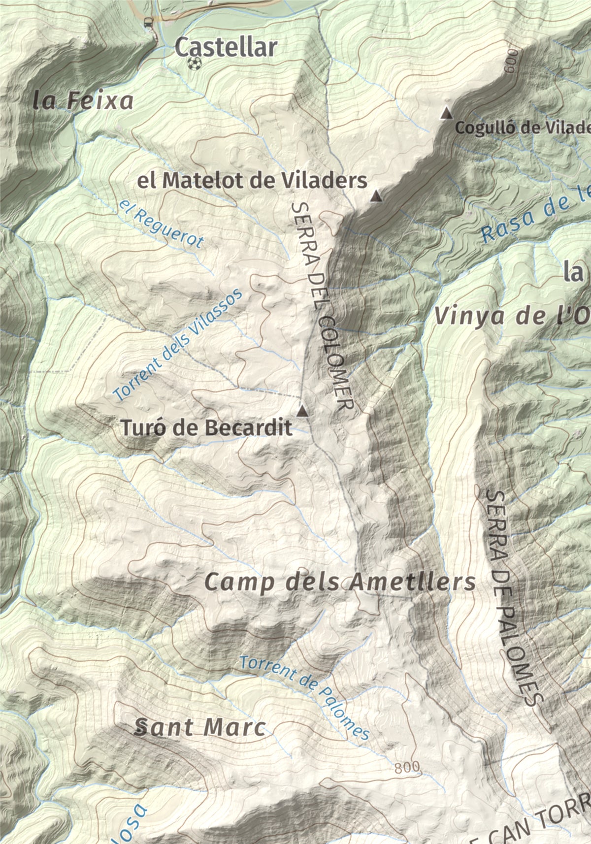Mapa de relieve de Cogulló de Cal Torre, 881 m, Bages, lámina 100 Cims de Trobart. Detalle de la zona superior izquierda. 21 × 30 cm.