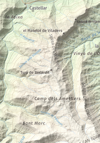 Mapa de relieve de Cogulló de Cal Torre, 881 m, Bages, lámina 100 Cims de Trobart. Detalle de la zona superior izquierda. 21 × 30 cm.