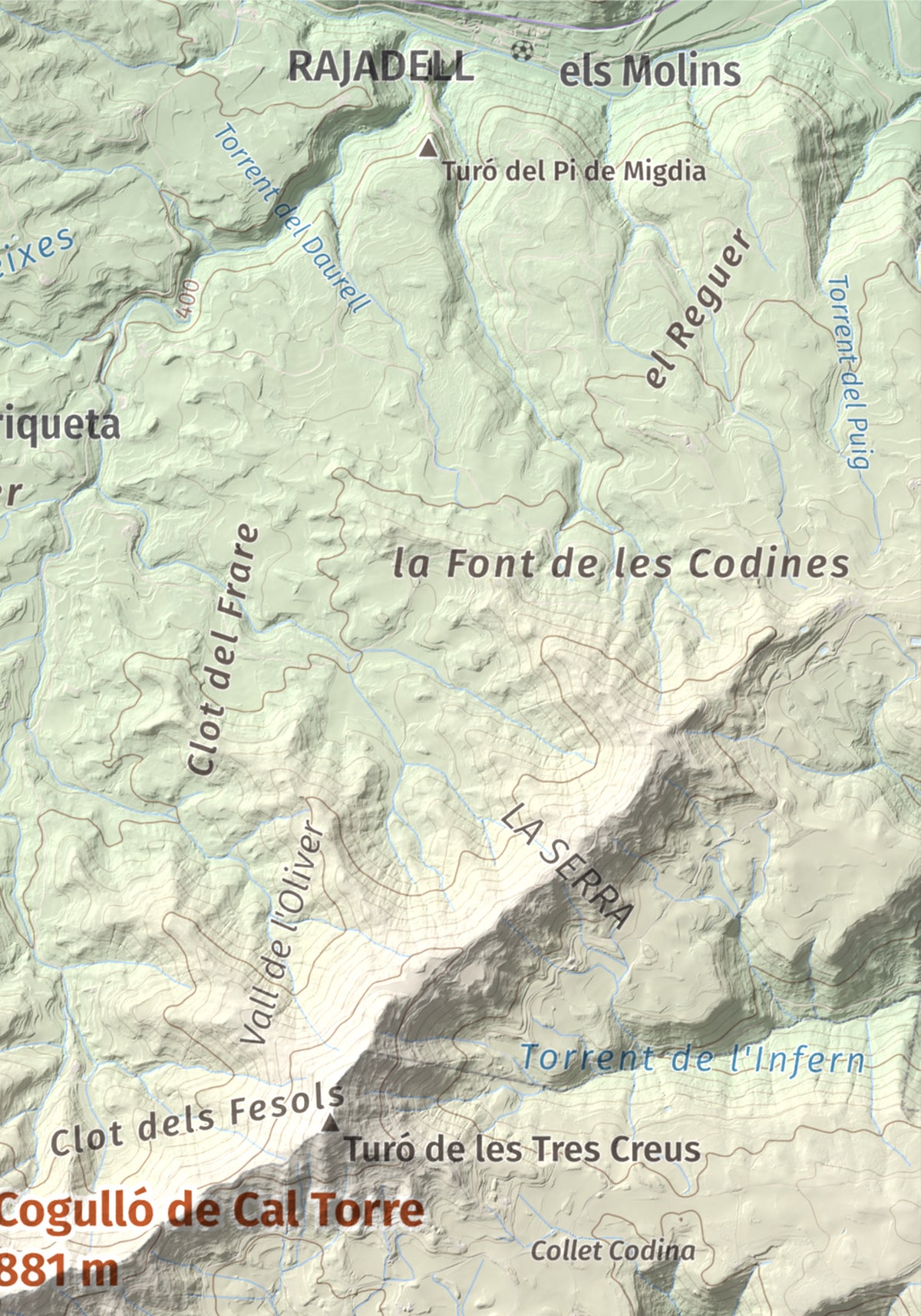 Mapa de relieve de Cogulló de Cal Torre, 881 m, Bages, lámina 100 Cims de Trobart. Detalle de la zona superior derecha. 21 × 30 cm.