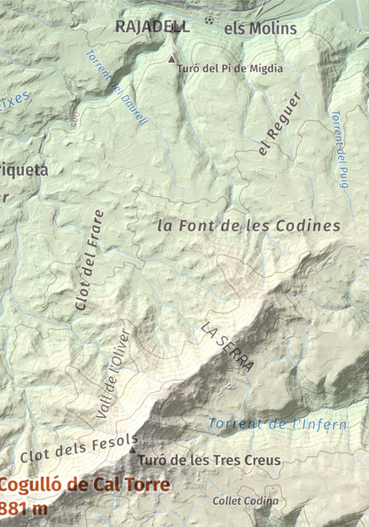 Mapa de relieve de Cogulló de Cal Torre, 881 m, Bages, lámina 100 Cims de Trobart. Detalle de la zona superior derecha. 21 × 30 cm.