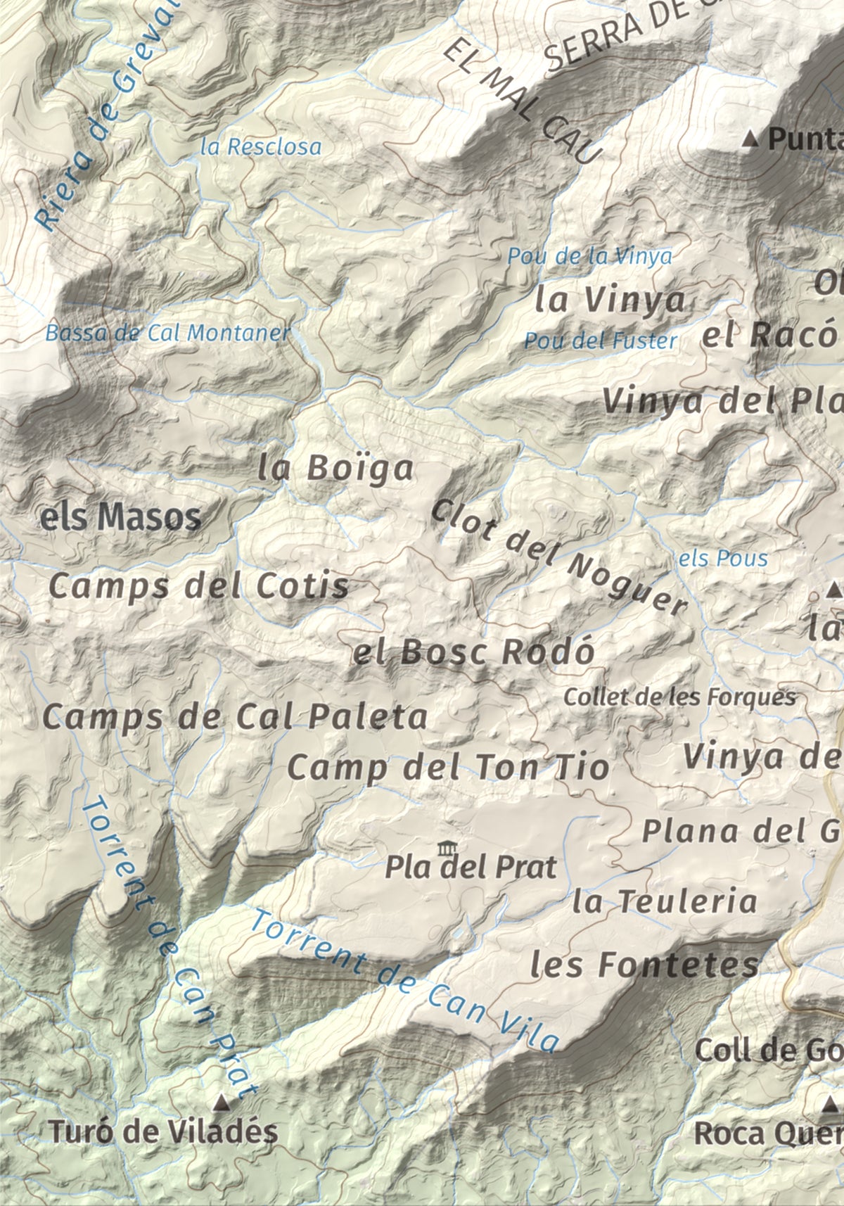 Mapa de relieve de Cogulló de Cal Torre, 881 m, Bages, lámina 100 Cims de Trobart. Detalle de la zona inferior izquierda. 21 × 30 cm.