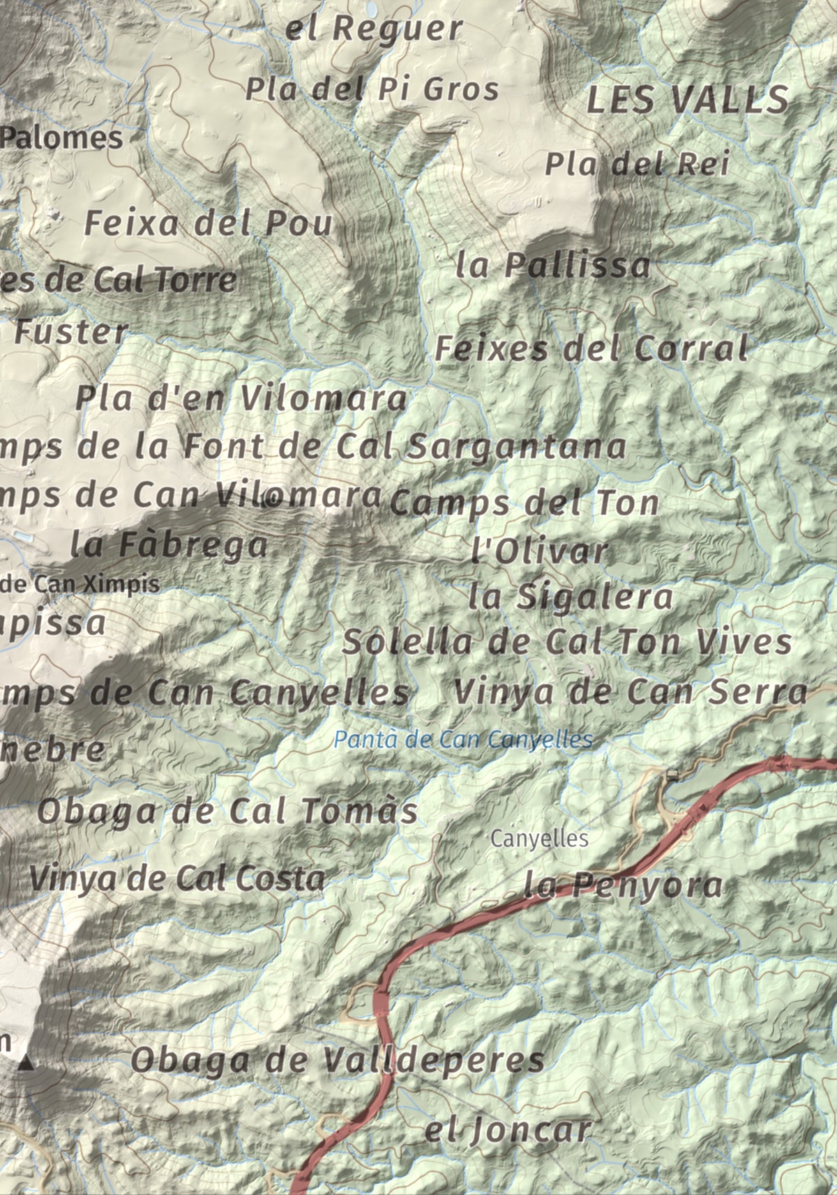 Mapa de relieve de Cogulló de Cal Torre, 881 m, Bages, lámina 100 Cims de Trobart. Detalle de la zona inferior derecha. 21 × 30 cm.