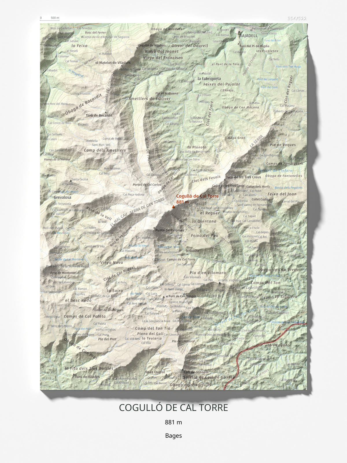 Mapa de relieve de Cogulló de Cal Torre, 881 m, Bages, lámina 100 Cims de Trobart 30 × 40 cm.