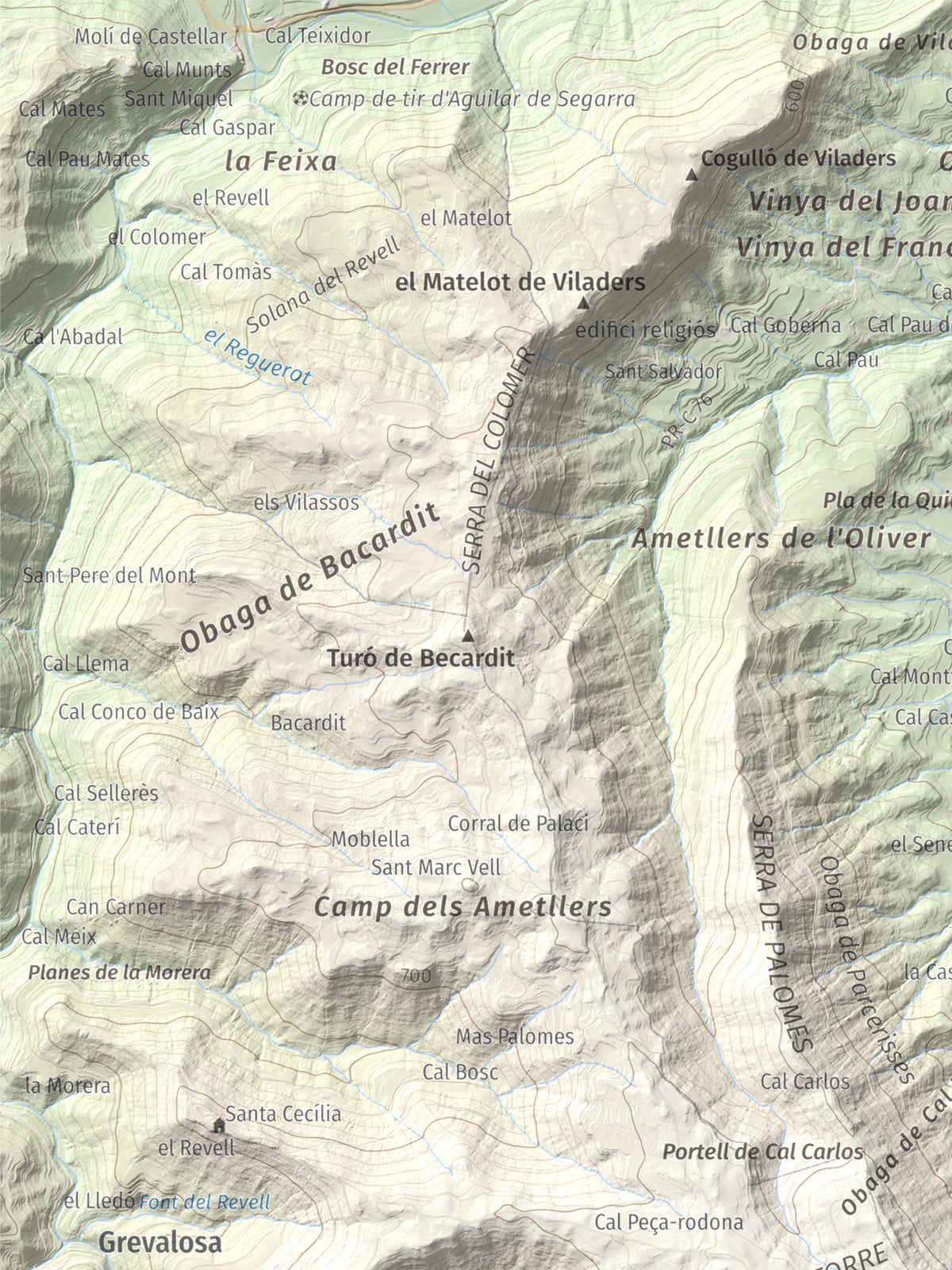 Mapa de relieve de Cogulló de Cal Torre, 881 m, Bages, lámina 100 Cims de Trobart. Detalle de la zona superior izquierda. 30 × 40 cm.