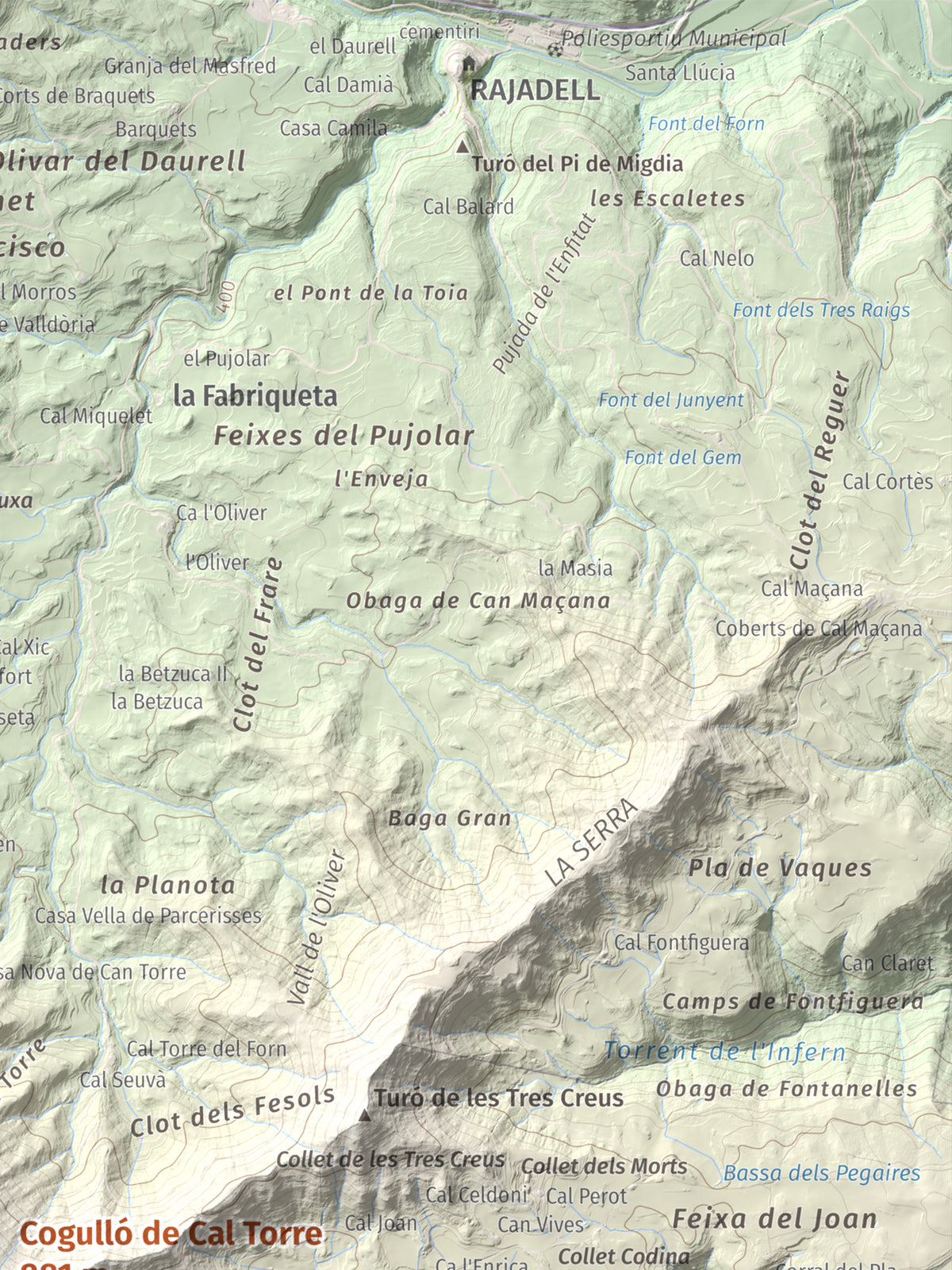 Mapa de relieve de Cogulló de Cal Torre, 881 m, Bages, lámina 100 Cims de Trobart. Detalle de la zona superior derecha. 30 × 40 cm.