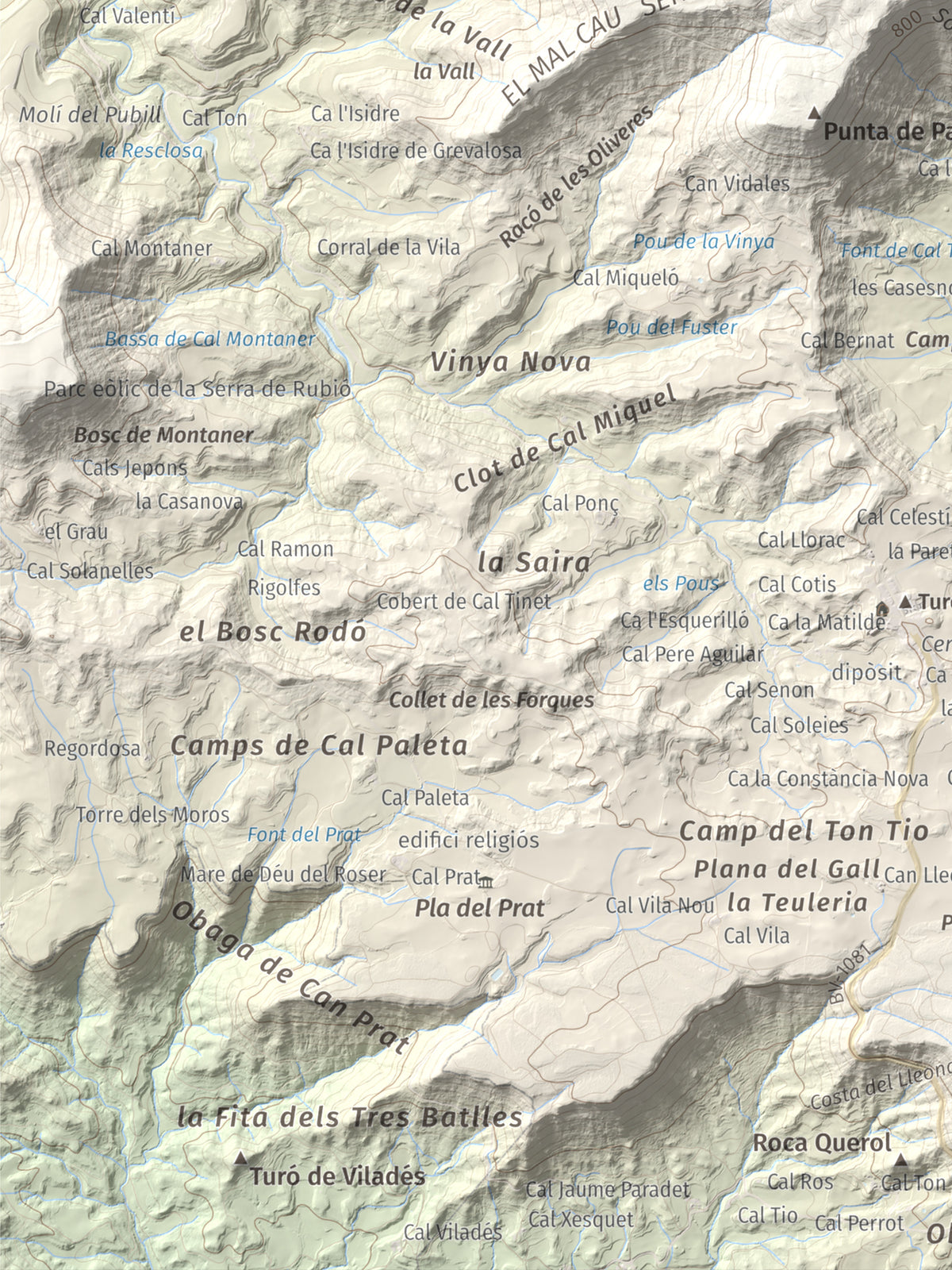 Mapa de relieve de Cogulló de Cal Torre, 881 m, Bages, lámina 100 Cims de Trobart. Detalle de la zona inferior izquierda. 30 × 40 cm.