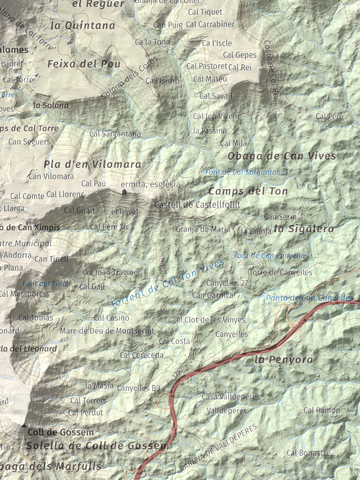 Mapa de relieve de Cogulló de Cal Torre, 881 m, Bages, lámina 100 Cims de Trobart. Detalle de la zona inferior derecha. 30 × 40 cm.