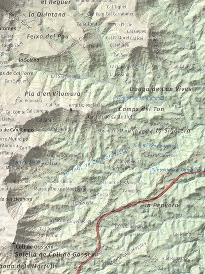 Mapa de relieve de Cogulló de Cal Torre, 881 m, Bages, lámina 100 Cims de Trobart. Detalle de la zona inferior derecha. 30 × 40 cm.