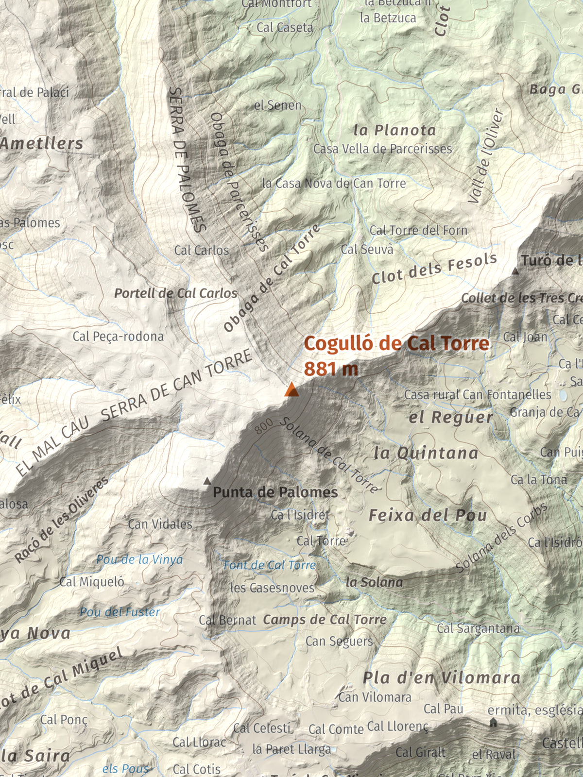 Mapa de relieve de Cogulló de Cal Torre, 881 m, Bages, lámina 100 Cims de Trobart. Detalle de la zona central. 30 × 40 cm.