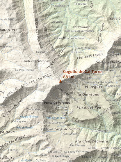 Mapa de relieve de Cogulló de Cal Torre, 881 m, Bages, lámina 100 Cims de Trobart. Detalle de la zona central. 30 × 40 cm.