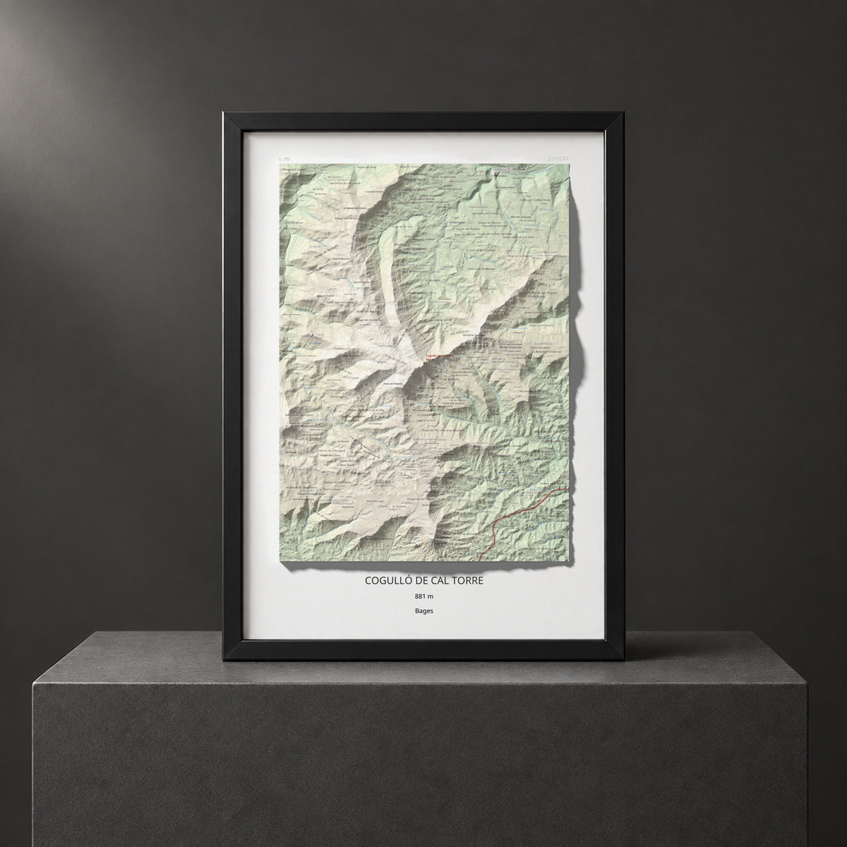Mapa de relieve de Cogulló de Cal Torre, 881 m, Bages, lámina 100 Cims de Trobart. Presentación enmarcada. 50 × 70 cm.