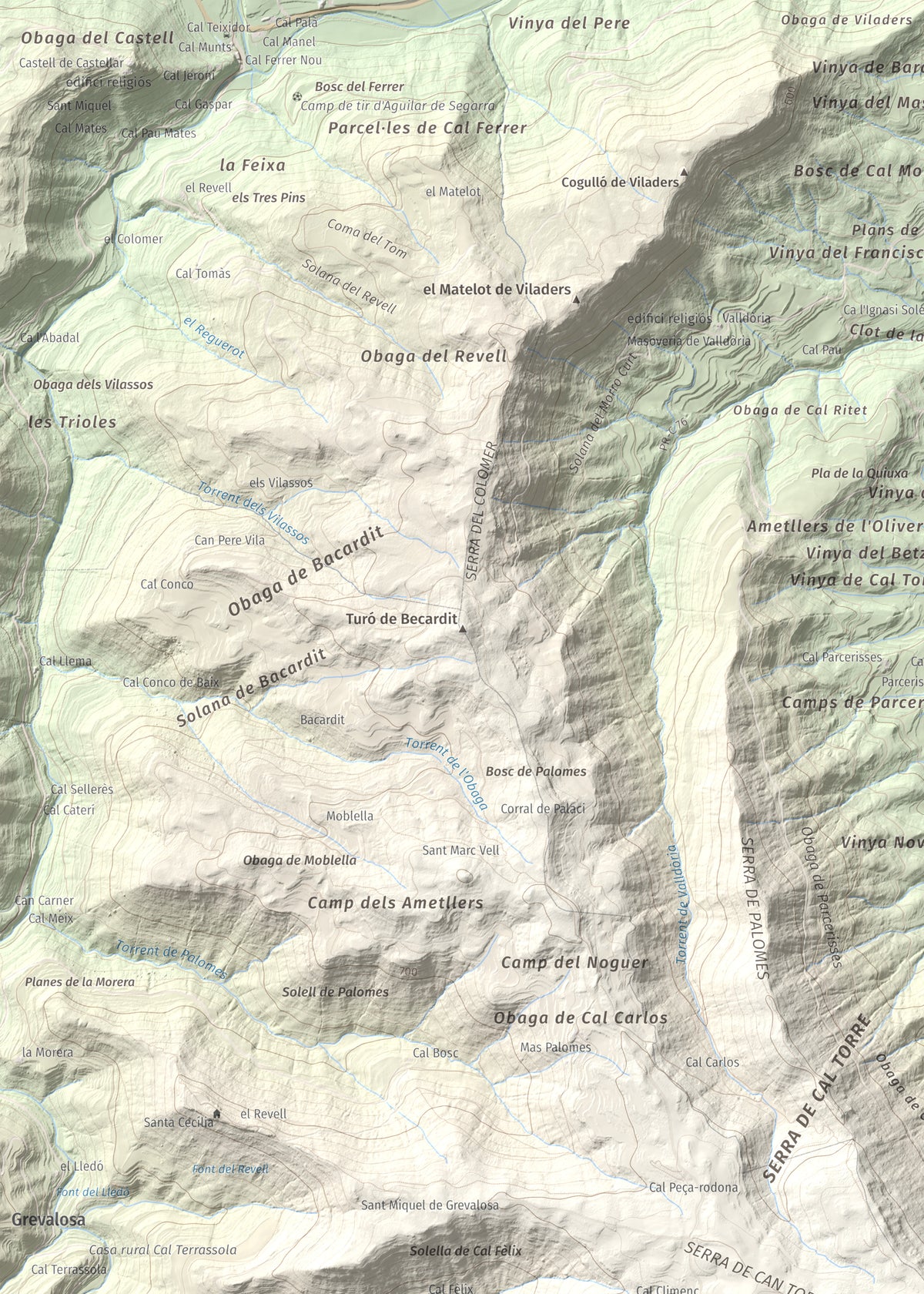 Mapa de relieve de Cogulló de Cal Torre, 881 m, Bages, lámina 100 Cims de Trobart. Detalle de la zona superior izquierda. 50 × 70 cm.